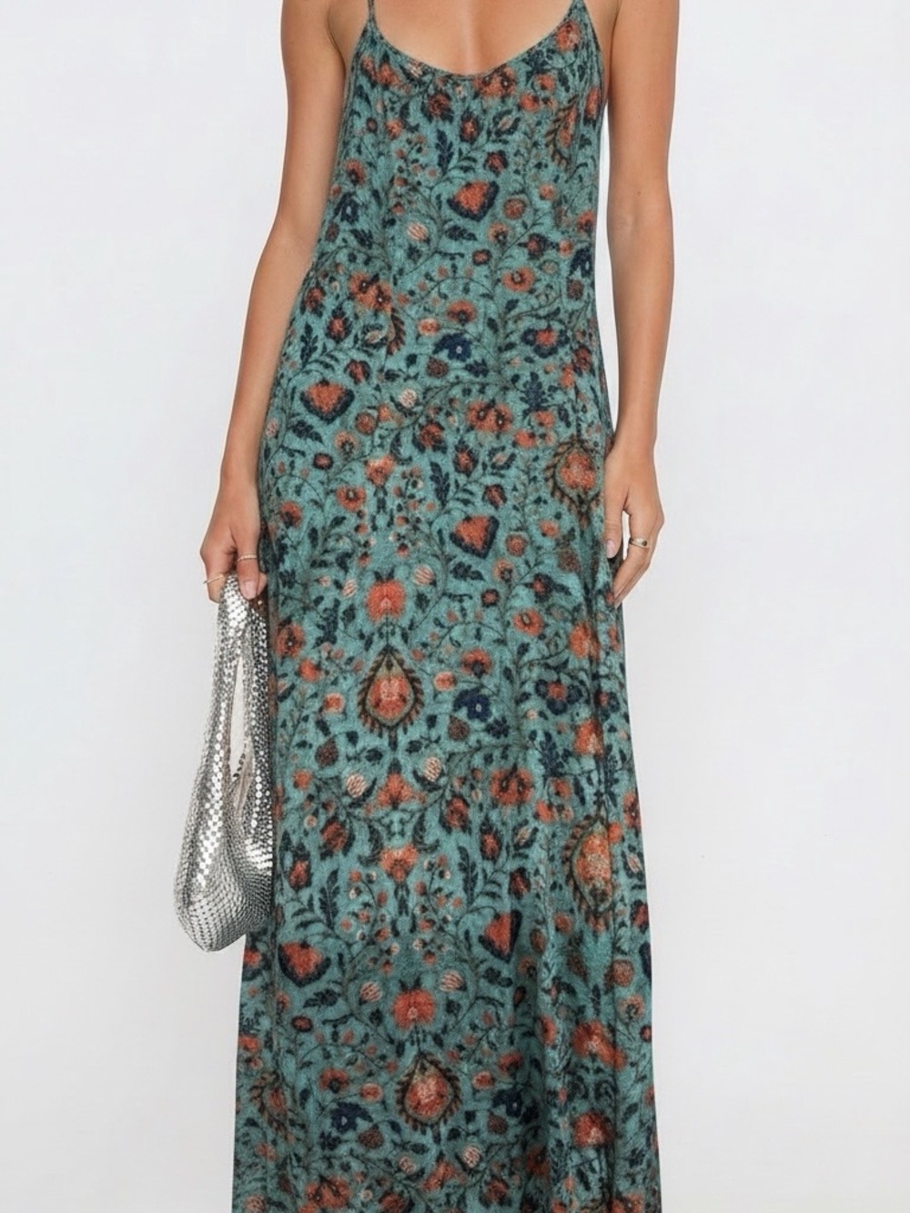 Peruvian Connection Teal Floral Slip Maxi Dress with Orange Accents